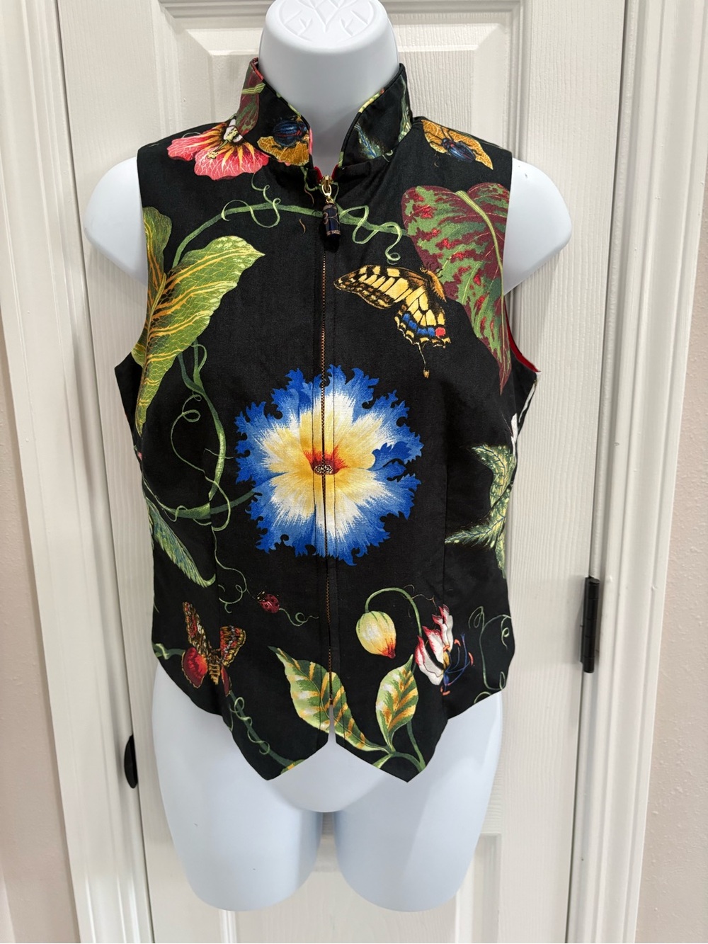 Black Floral Zip-Front Tank Top with Blue & Yellow Bloom